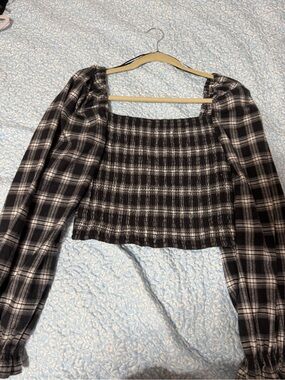 Macy's Black & White Plaid Smocked Square-Neck Crop Top